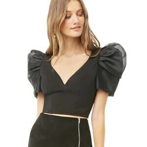 CIDER Chiffon Puff Sleeve Plunge Neck Blouse Size S NWT